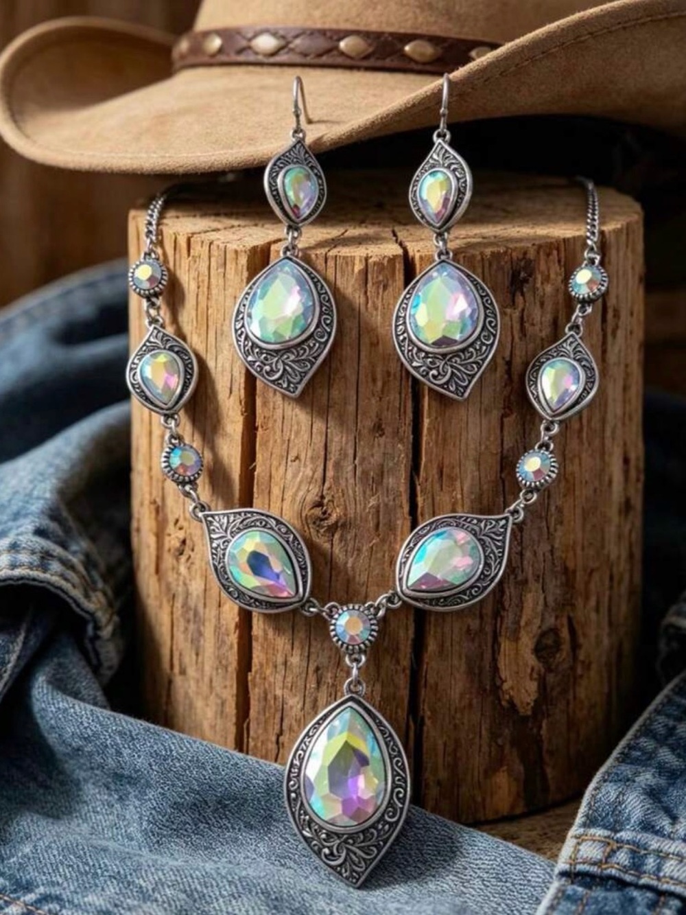 Western Necklace Set Teardrop Statement Necklace & Earring Set - Iridescent